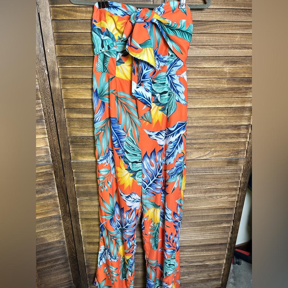 Lulu's Leaf Print Jumpsuit Luxe Luau Orange Tropical Print Strapless Tie-Front - Picture 3 of 7